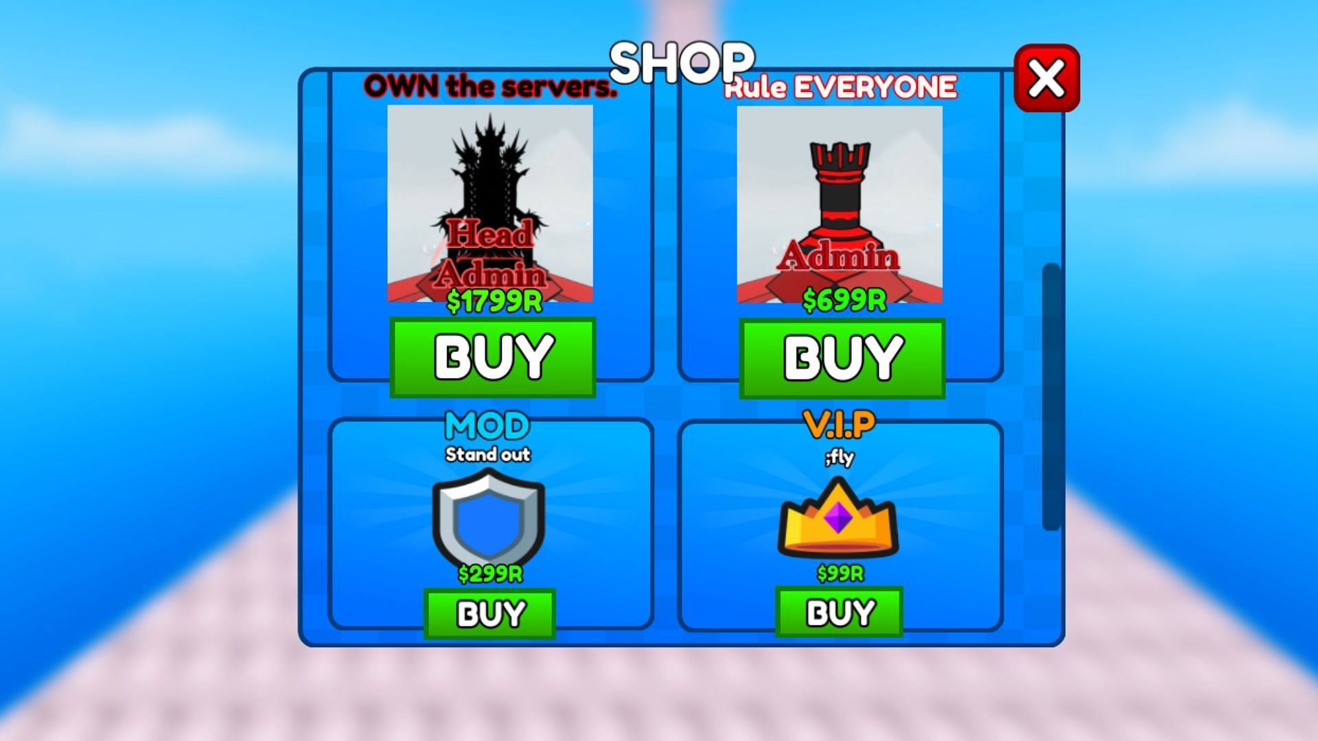 The Shop menu in Wall Hop Obby (Image via Roblox)